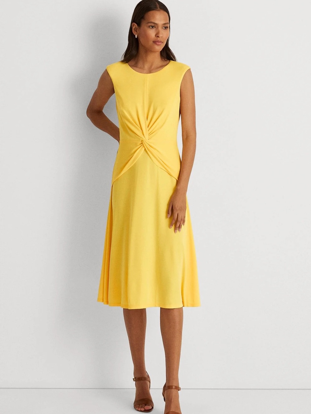 Lauren Ralph Lauren 10 Yellow Sleeveless Twist Front Classic Business Midi Dress